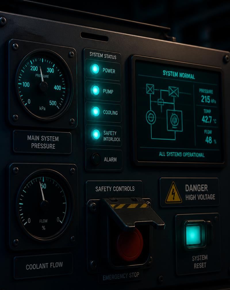 Industrial control panel with illuminated safety status indicators