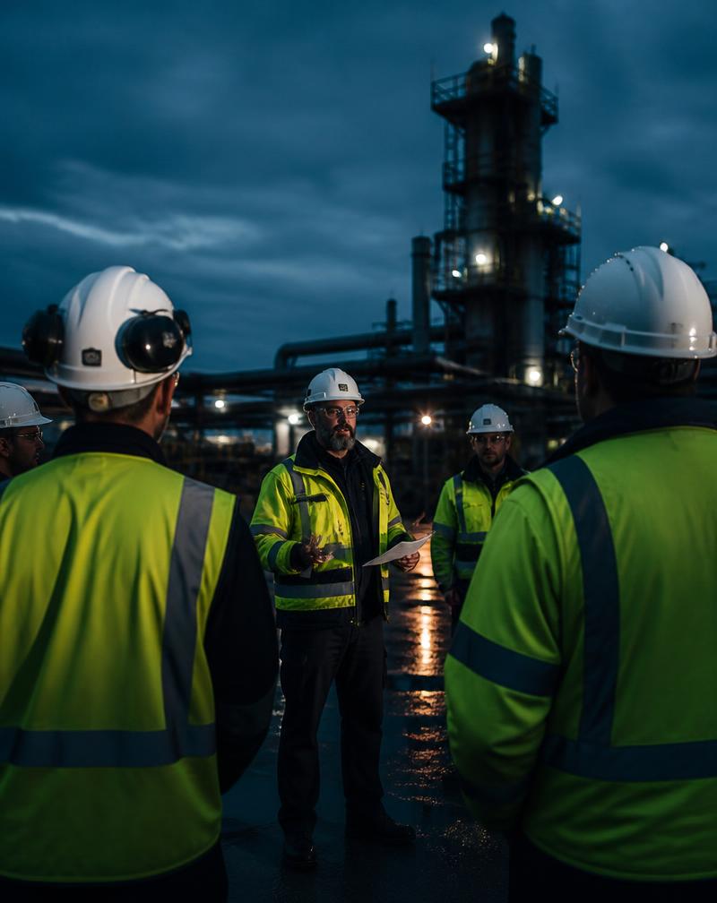 Safety crew in hard hats and high-visibility vests during a jobsite briefing